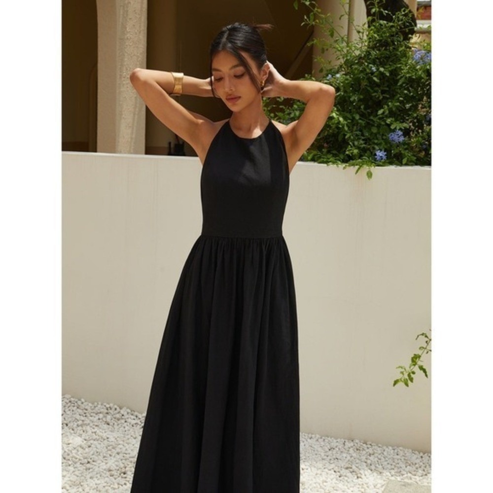COMMENSE Solid Halter Black Cotton Linen Backless Maxi Dress Size M NWT - Picture 5 of 6